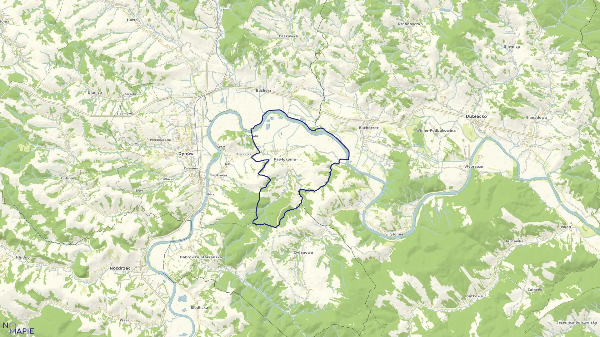 Mapa obrębu Pawłokoma w gminie Dynów